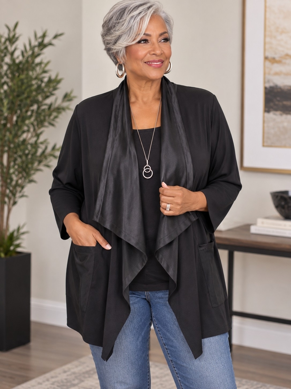 Lillie Rubin Black Draped Open-Front Cardigan with Satin Trim